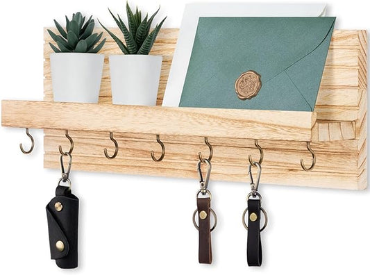 Decorative Key Holder for Wall with Shelf, Entryway Shelf with Hooks Holds Leashes, Jackets and Glasses – Sturdy Wood Keyholder Entrance Hanger with Mounting Hardware (Wood, Large)