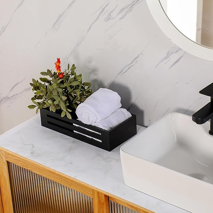 Bathroom Decor Box,Wooden Toilet Tank Topper Basket Tray,Back of Toilet Basket for Paper Storage Bathroom Counter Organizer (Black, Hollowed-Out 15*6.1*3in)