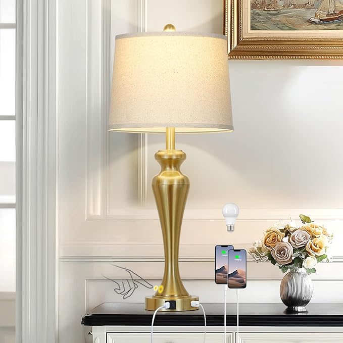 30" Table Lamp Single, 3-Way Dimmable Touch Bedside Lamp with USB A+C Ports and AC Outlet, Tall Living Room Lamps for Side Table, Modern Bedroom Lamp for Nightstand, Gold-1PK