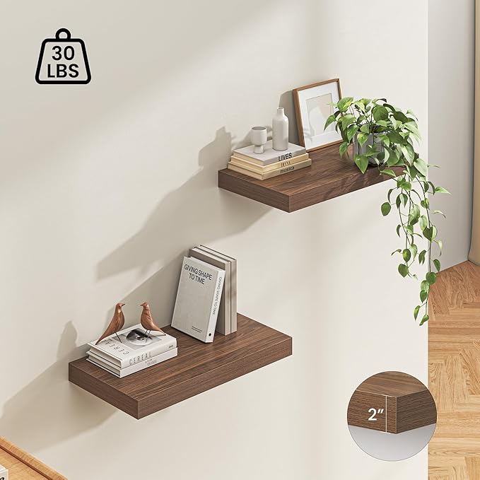 Dreamland 24" Floating Shelves for Wall, 12" Deep Thicker Walnut Floating Shelves, Wall-Mounted Shelves for Bedroom, Living Room, Kitchen, Bathroom - Set of 2