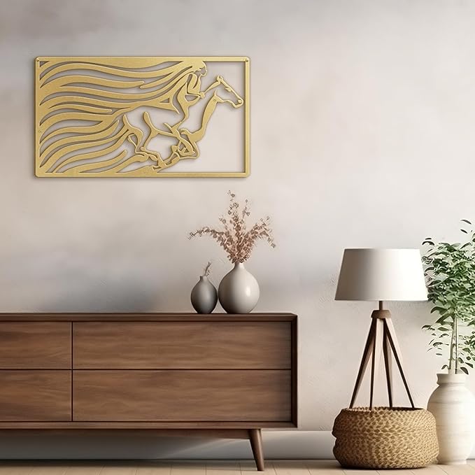 SIGNLEADER Metal Wall Art Decor A Man Riding Horse Minimalist Modern Abstract Wall Sculpture Hangings Home Decoration for Living Room, Bedroom, Bathroom, Kitchen, Outdoor - 18" Gold