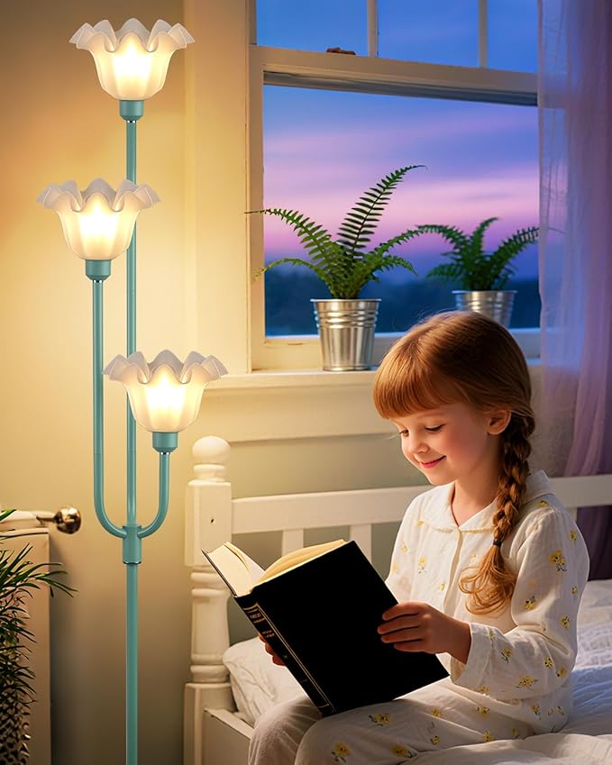 ACOHOOK Flower Floor Lamp for Living Room, Dimmable Vintage Floor Lamp with Shelf & LED Bulbs, 3 Light 3000K Soft Warmwhite Mid Century Gold Standing Lamp, Floral Tall Lamp for Bedroom Office-Green