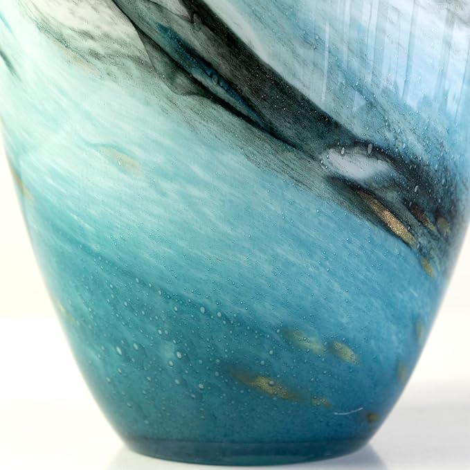 11" H Teal Glass Vases for Flowers, Unique Hand Blown Glass Vase Blue Home Decor, Wide Mouth Colorful Flower Vase Centerpieces, for Living Room Table Bookshelf, Bathroom Office Shelf Decorative