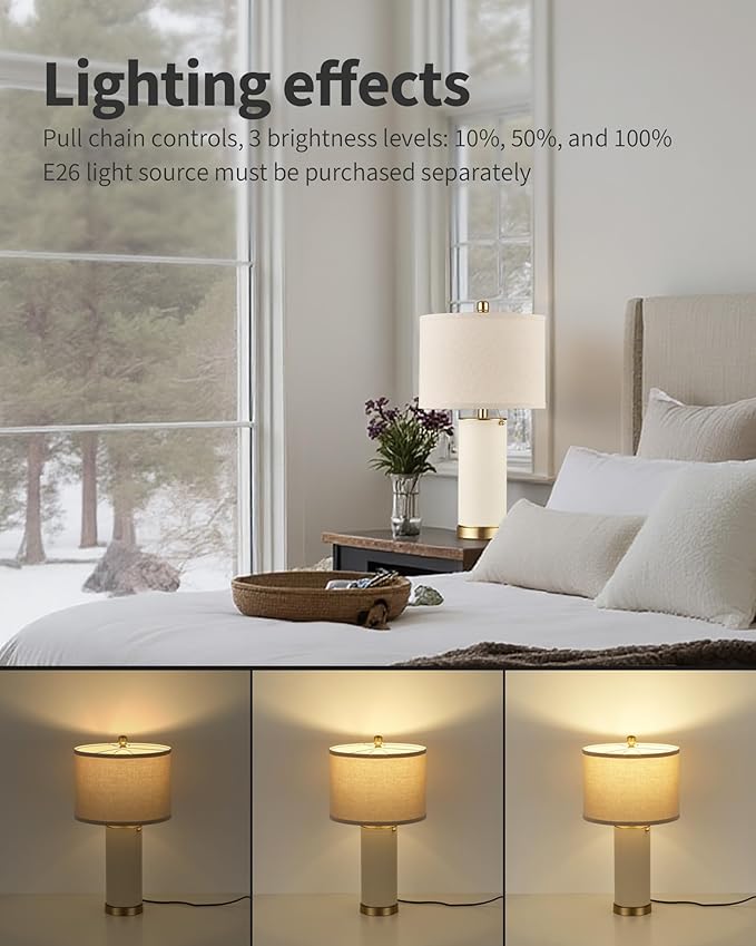 KDG 23.4" White PU Leather Table Lamps for Living Room Set of 2, 3 Level Brightness LED Modern Home Decor Fabric Lampshade Desk Lamp Lighitng for Bedroom, Bedside, Farmhouse, Nightstand, Night Light