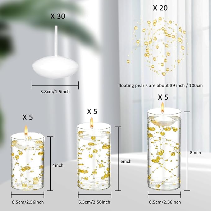 15 Set Glass Cylinder Vase with 20 Artificial Pearl String 30 White Floating Candle Cylinder Vase for Centerpieces 4"+ 6" + 8" Glass for Wedding Party Table Decor