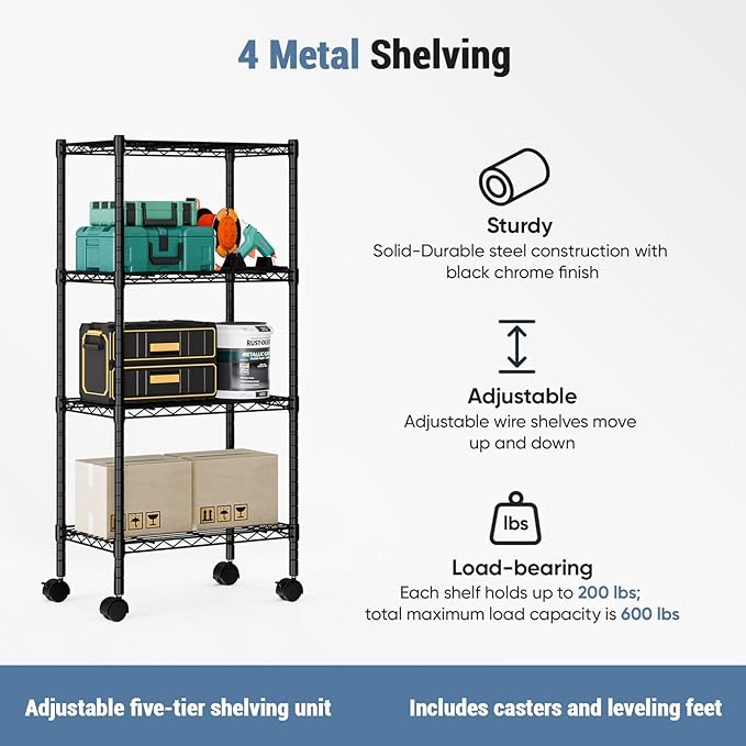 DUMOS 4 Tier Metal Shelving, Heavy Duty Shelves Wire Shelving Unit with Removable Wheel Casters, Shelves Organizer for Bathroom Garage Living Room Kitchen Pantry Laundry