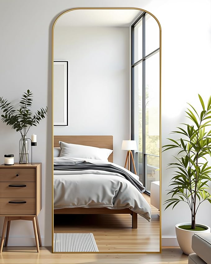 Antok Full Length Mirror, 59"x22" Floor Mirror Freestanding, Arched Floor Standing Large Mirror Full Body Mirrors with Stand for Bedroom, Hanging Mounted Mirrors for Living Room, Gold