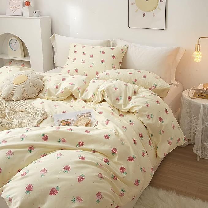 Kawaii Kids Strawberry Bedding Sets - Twin Duvet Cover & 2 Pillowcases, Soft 100% Cotton Comforter, Cream White