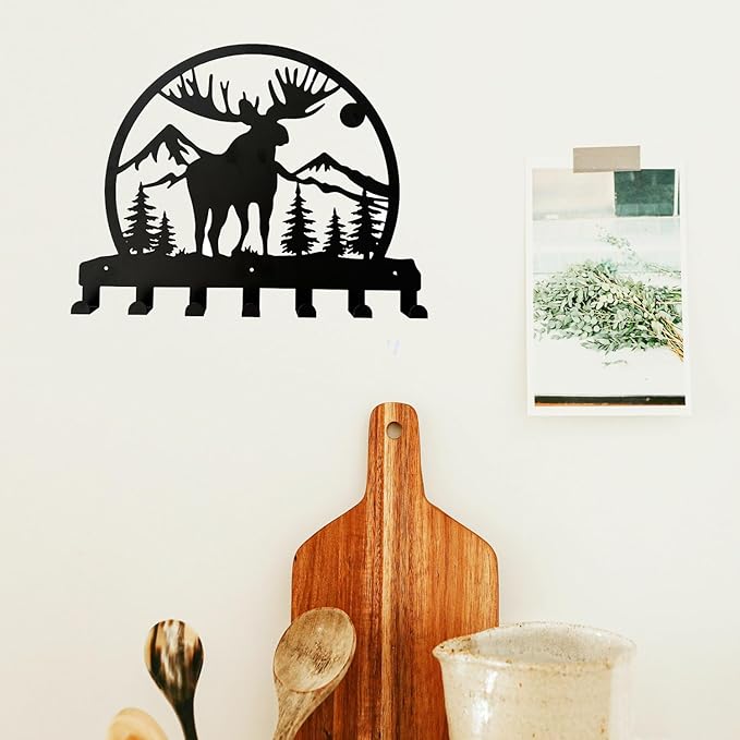 Durable Metal Wall Hooks with Deer & Dogs Silhouettes - 7 Hooks Home Storage Coat Key Holders- Set of 2