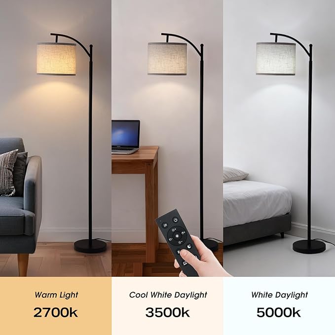 YJSQOEOE Arc Floor Lamp with 3 Color Temperatures, 9W LED Remote-Controlled Light, Tall lamp with Foot Switch and Timer Function, Modern Standing Lamp for Living Room, Bedroom, Office Reading, Black