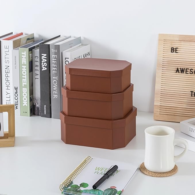 Soul & Lane Octagon Vegan Leather Decorative Boxes in Light Brown, Set of 3 Unique Durable Nesting Cardboard Storage Memory Boxes for Organizing, Keepsakes, Gifts