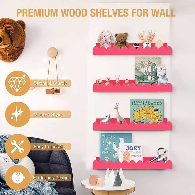 Nursery Shelves for Wall, Pink Scalloped Shelves Floating Wall Shelves Set Book Shelves for Kids, Home Decor Nursery Bookshelf Toilet Shelf (15.5 inch)
