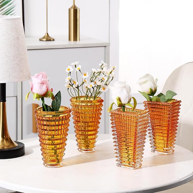 MCMCNCUIU Crystal Flower Vase Set of 4, Glass Vases for Centerpieces, Amber Vases for Flowers, Small Vase for Living Room, Bedroom, Kitchen, Office, Wedding