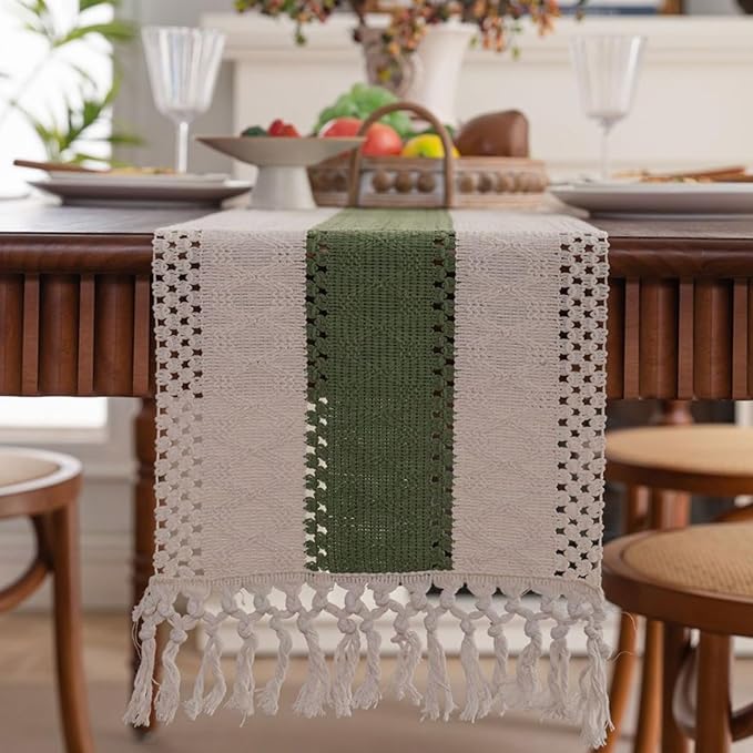 Niviy St Patricks Day Decorations Dark Green Table Runner 72 Inches Long with Tassels, Seasonal Spring Summer Washable Embroidered Striped Braided Boho Table Runners for Holiday Party 12 x 72 Inches