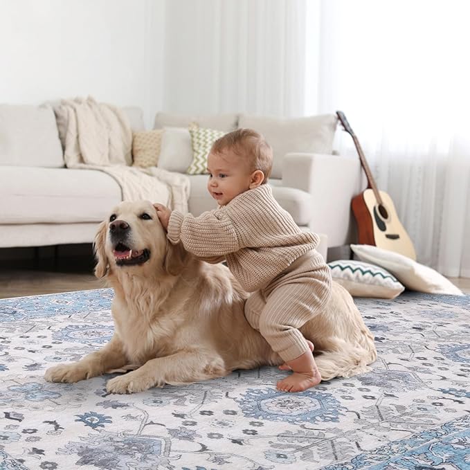 Vanmoos 4x6 Area Rug - Machine Washable, Non-Slip Soft Carpet for Living Room, Bedroom, Office, Dining Room - Durable Accent Rug for Farmhouse & High-Traffic Areas, Cozy Elegance/Blue