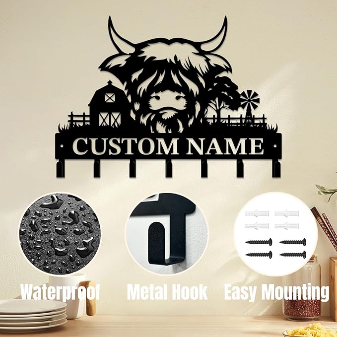 magilab Personalized Custom Highland Cow Wall Hooks,Metal Highland Cow Art Clothes Hooks,Metal Highland Cow Wall Home Storage Decorative,for Front Door, Hallway, Kitchen, Bedroom,Keys,Hats (Style M)