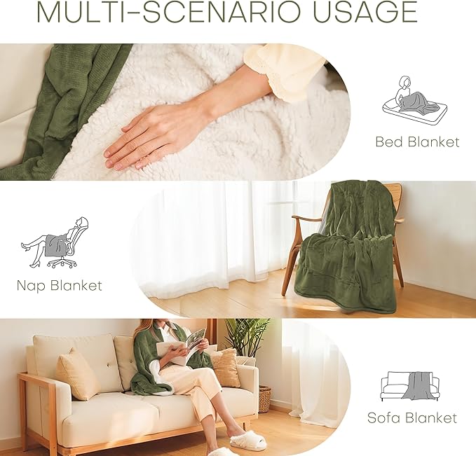 Electric Heated Blanket Throw Size 50"x60" - Flannel & Sherpa Fabric Dual-Sided, 6 Heat Settings & 1-3 Hours Auto Off, Soft & Cozy Warming Throw for Home, Office, or Bed, Machine Washable, Olive Green