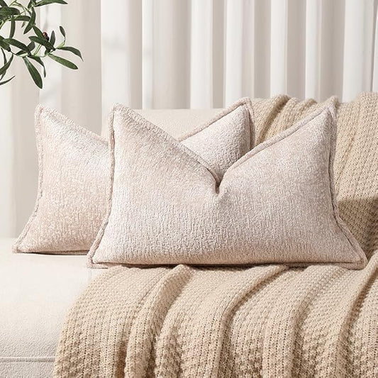 DEZENE Pack of 2 Tan Decorative Throw Pillow Covers 12x20 Cozy Soft Chenille Accent Vintage Rectangular Lumbar Couch Pillow Covers for Home Decor Bed Sofa Living Room