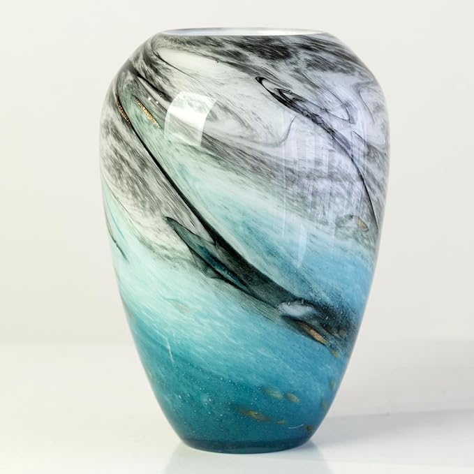 11" H Teal Glass Vases for Flowers, Unique Hand Blown Glass Vase Blue Home Decor, Wide Mouth Colorful Flower Vase Centerpieces, for Living Room Table Bookshelf, Bathroom Office Shelf Decorative