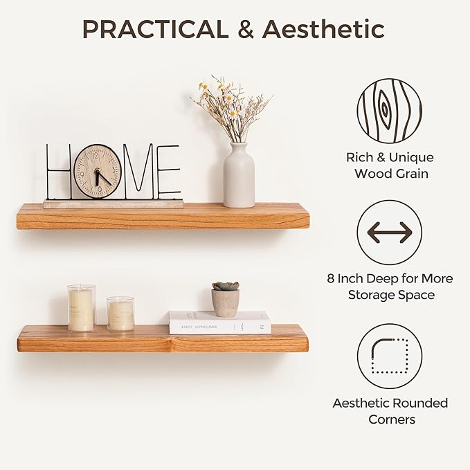 Fun Memories 30 Inch Floating Shelves, Rustic Solid Wood Wall Shelves Set of 2, 8 Inch Deep Floating Shelf for Bathroom, Bedroom, Heavy-Duty Wooden Shelf Wall-Mounted for Home Decor & Storage
