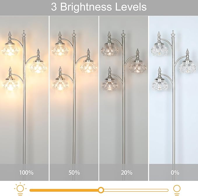 JUNNAI Brushed Nickel Floor Lamp 66.5'' Tall Standing Lamp Dimmable Tree Floor Lamps with 3 LED Lights Glass Shades Silver Lamp for Living Room Bedroom Office(3 Bulbs Included)