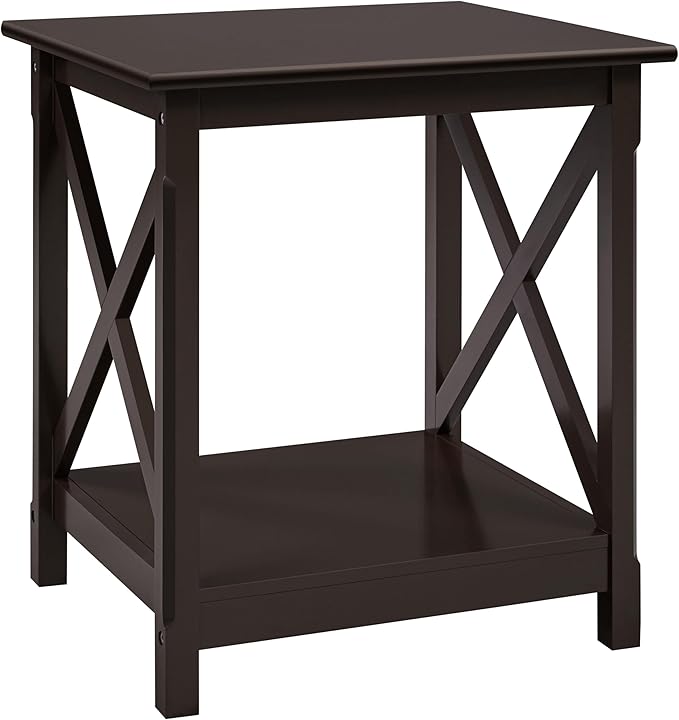 Yaheetech X Design End Table with 2-Tier Storage Shelf, Pine Wood Legs Simplistic Design Sturdy Sofa Side Table with Storage for Living Room Small Space, Dark Coffee