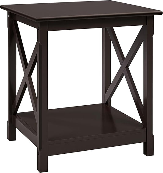 Yaheetech X Design End Table with 2-Tier Storage Shelf, Pine Wood Legs Simplistic Design Sturdy Sofa Side Table with Storage for Living Room Small Space, Dark Coffee