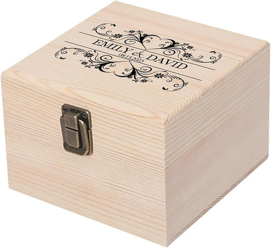 Personalized Wedding Keepsake Box Custom Name Date, Wooden Memory Box Wedding Gift Box for Couples Newlyweds - Customized Gifts for Bridal Shower Anniversary Engagement Christmas