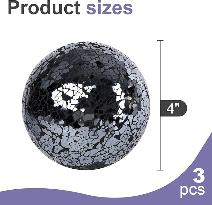 DomeStar 3PCS Decorative Balls for Bowls, 4 Inch Black Orbs Glass Balls for Centerpiece Bowls Mosaic Sphere for Home Decoration Dining Table