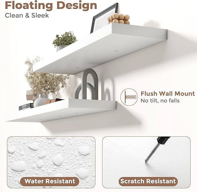 Floating Shelves for Wall with Invisible Brackets, Wall Mounted Engineered Wood Shelves with Wood Grain for Living Room, Bedroom, Bathroom, Kitchen Decor and Storage, Oak, 40"L Set of 2, White