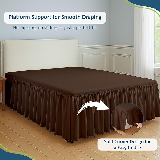 Rajlinen Ruffled Bed Skirt Full XL, 14 Inch Drop Dust Ruffle with Split Corners, 100% Microfiber Bedskirt with Platform, Three-Sided Coverage Ruffled Gathering Design, Chocolate