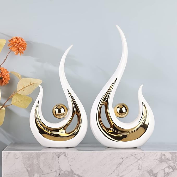 DOVDOV Ceramic Abstract Statue Set of 2, White and Gold Decoration, for Living Room TV Stand Decor, Home Office, Room Decor, entryway Entrance, Dining Table Decor and Accessories