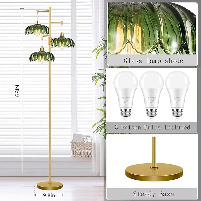 WLQCWL Vintage Floor Lamps for Living Room Bedroom-3 Light Dimmable Gold Floor Lamp with Glass Lampshape, Flower Tall Lamp Modern Mid Century Standing Lamp Green Tree Floor Lamp for Bedroom Corner