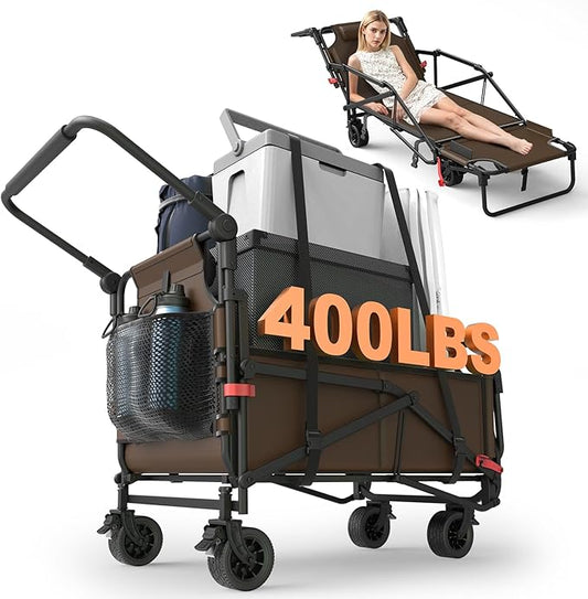 LEVELEVE Heavy Duty Folding Wagon - 2-in-1 Collapsible Cart, 400lb Capacity, All-Terrain Wheels w/Brakes & Side Pockets (Brown)