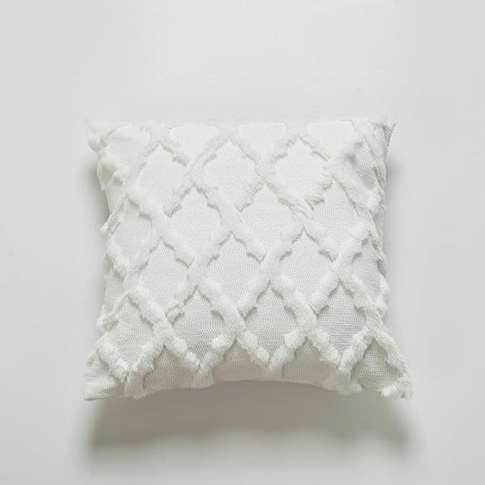 EMMTEEY Boho Pillow Covers 16X16 - Fluffy Stripe Single-Sided Embroidery with Soft Faux Fur, Boho Décor Pillow Case for Couch, Sofa Bedroom, White