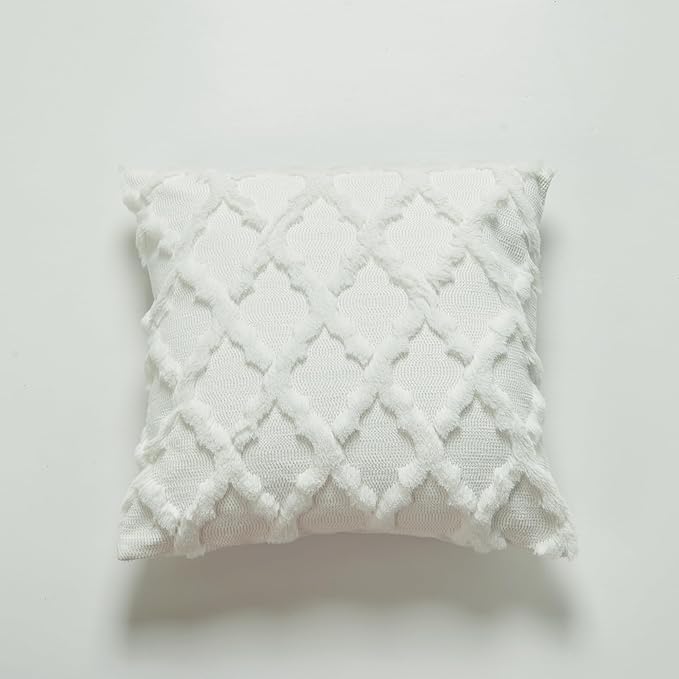 EMMTEEY Boho Pillow Covers 18X18 - Fluffy Stripe Single-Sided Embroidery with Soft Faux Fur, Boho Décor Pillow Case for Couch, Sofa Bedroom, White