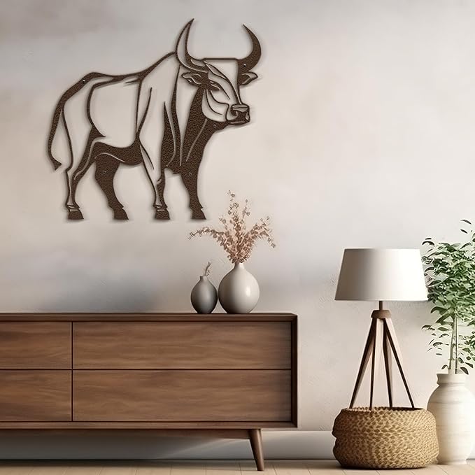 SIGNLEADER Metal Wall Art Decor Ferocious Cow Minimalist Modern Abstract Wall Sculpture Hangings Home Decoration for Living Room, Bedroom, Bathroom, Kitchen, Outdoor - 18" Bronze