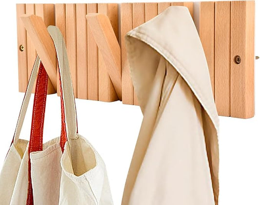 Coat Rack Wall Mount with Key Holder,Coats Racks Hanger with 9 Retractable Hangers, Piano Coa t Rac k for Hanging Coats Keys Hats Towels Bags, Space-Saving Entryway Coat Rack