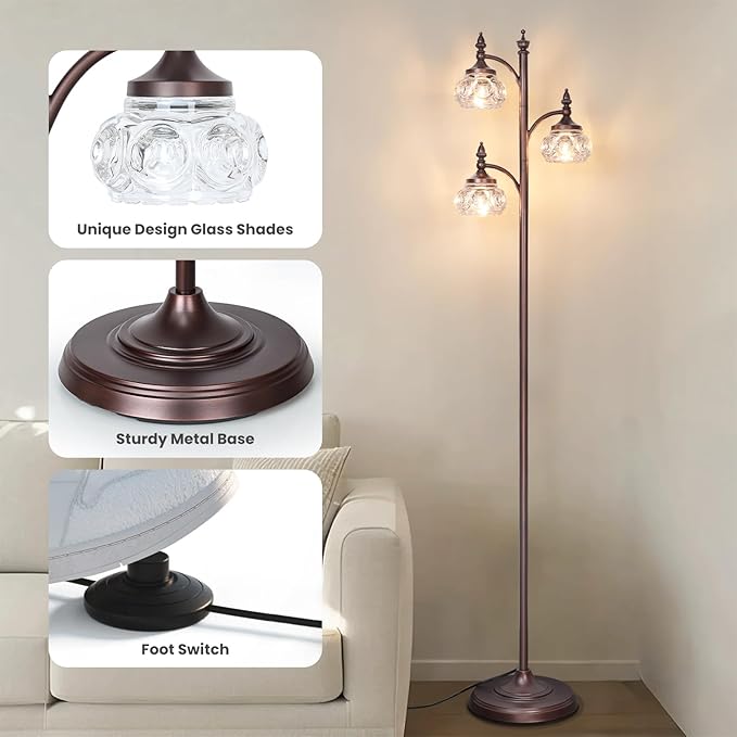 JUNNAI Brown Glass Floor Lamps for Living Room 66.5'' Standing Lamp with 3 Brightness Lights Vintage Mid Century Modern Pole Bronze Tree Lamp for Bedroom Office(3LED Bulbs Included)