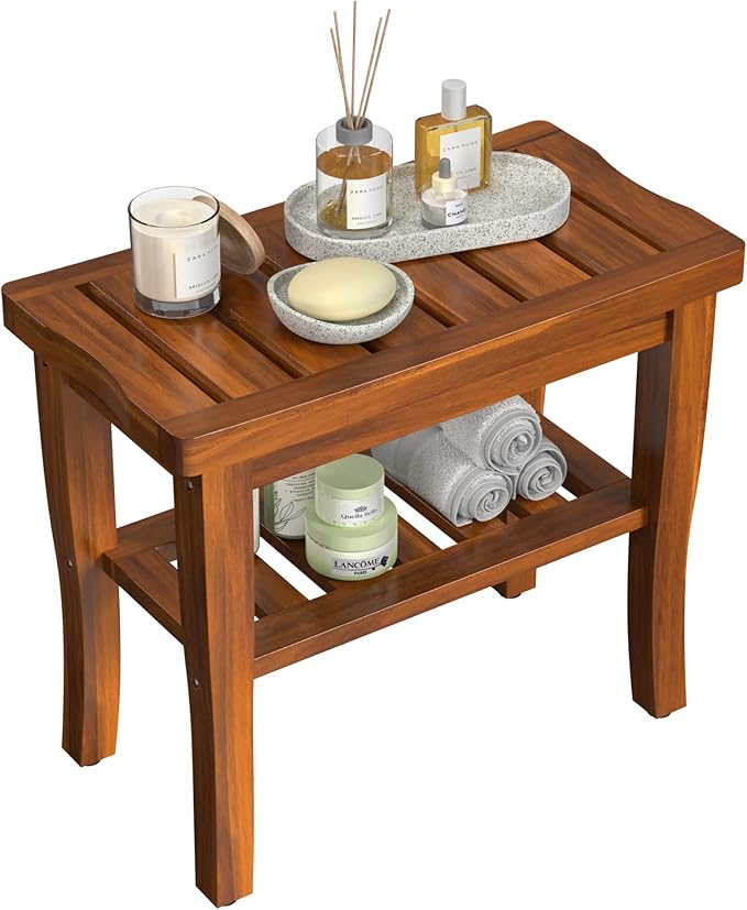 Teak Wood Shower Bench Stool with Storage Shelf, Wooden Waterproof Bathroom Spa Bathing Teak Shower Stool with Non-Slip Feet Gadget 2024 for Indoor or Outdoor Shower Chair Seat Organizer