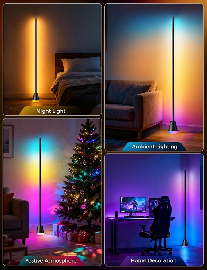 Alfolive RGB Floor Lamp, Smart LED Corner Lamp for Living Room Bedroom, 16 Million DIY Colors Standing Lamp with Music Sync App & Remote Control, Cool Modern Mood Light Ambient Lighting, Black