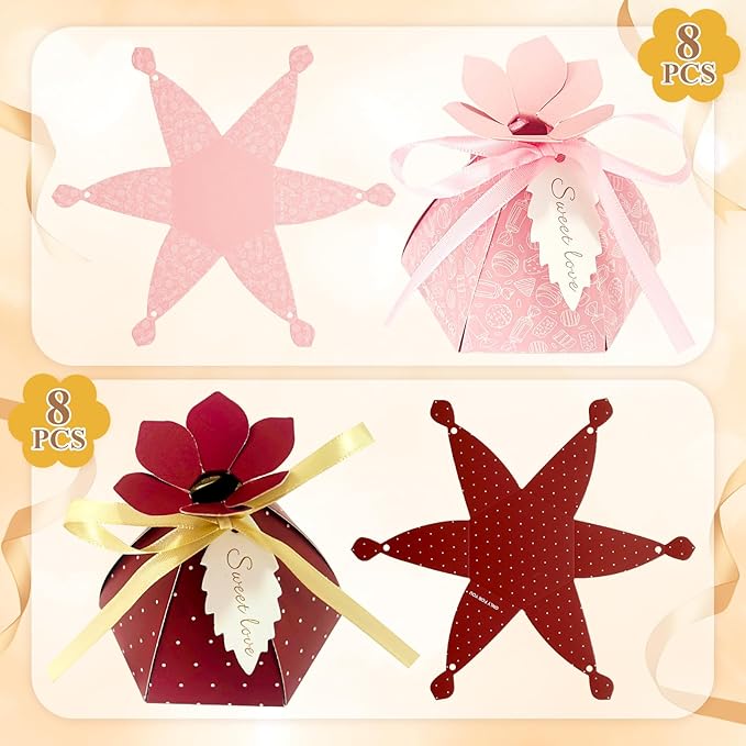 48Pcs Party Favor Candy Box, Petal Shaped Gift Candy Box with Tags and Ribbons for Flower Themed Party, Bridal Shower, Wedding Decorations, Candy Table Decorations