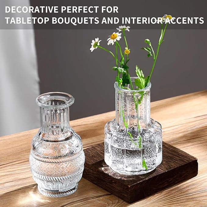 KUAGUINZUHE 12 Pcs Glass Bud Vase Set, Small Clear Vintage Flower Vases for Wedding Centerpieces in Bulk, Mini Embossed Vases for Home Table Decor, Party, Baby Shower Decorations