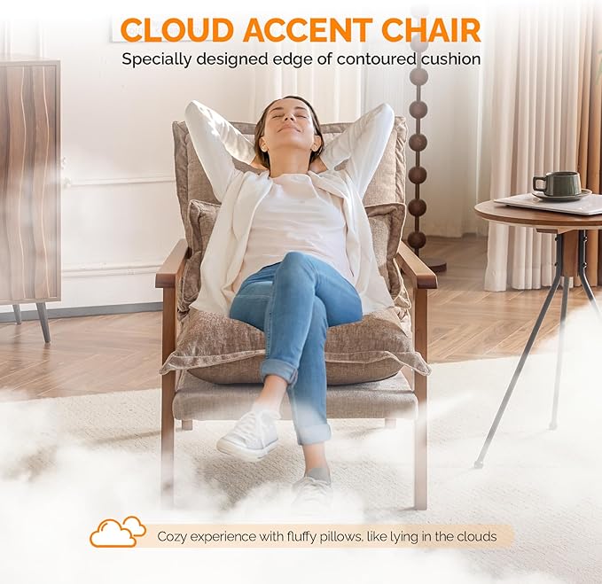 VINGLI Mid-Century Modern Cloud Accent Armchair with Lumbar Pillow, 6.3'' Thick Seat Cushion Comfortable Reading Chair with Wooden Armrests，Boho Lounge Chair for Bedroom, Living Room, Chenille, Khaki