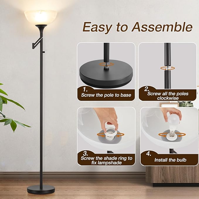 EJIAXIN Floor Lamps for Living Room Black, 70" Tall Standing Lamp with Glass Shade, Torchiere Floor Lamp with 350°Adjustable Swing Arm Lamp, Pole lamp for Bedroom, Living Room, Office, Bulbs Included