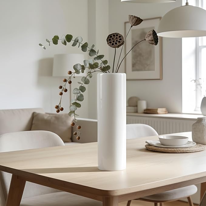 12 Inch White Vase Ceramic Flower Vase, Tall Vases for Pampas Grass, Home Decor, Modern Textured Vases for Living Room Decorations,Table Centerpieces,Shelf,Farmhouse Small Ceramic Vase