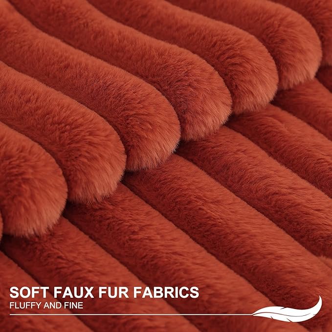 Pallene Faux Fur Plush Fall Throw Pillow Covers 26x26 Set of 2, Luxury Soft Fluffy Striped Decorative Pillow Covers for Sofa, Couch, Living Room, Rust