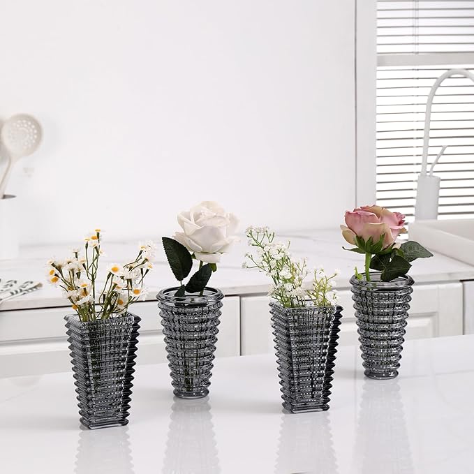 MCMCNCUIU Crystal Flower Vase Set of 4, Glass Vases for Centerpieces, Black Vases for Flowers, Small Vase for Living Room, Bedroom, Kitchen, Office, Wedding