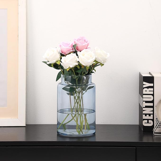 Large Glass Vase, 9 Inch Blue Glass Vase, Large Flower Vases for Bouquet, Tall Wide Mouth Vases for Flowers, Home, Wedding, Living Room, Office Decor