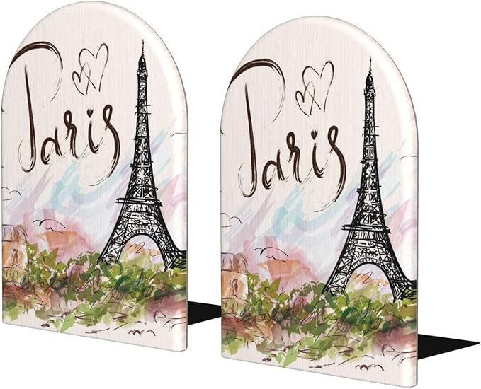 Paris Eiffel Tower Wood Bookends Stands Decorative Non-Slip Book Organizers for Home Office Desk Library School Study 1 Pair